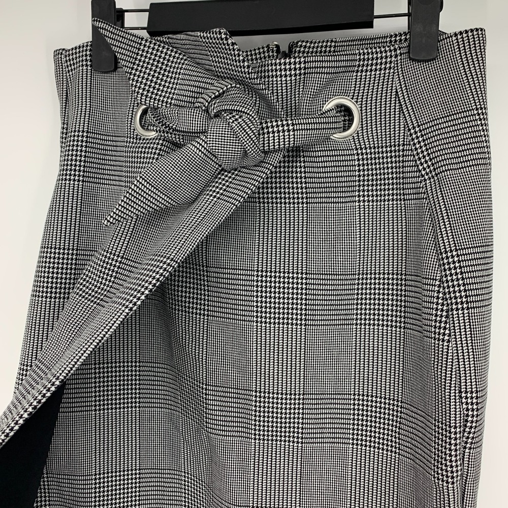 H&M Skirt Glen Plaid Pencil Straight Midi Tie High Waist Slit Womens Size 10 - Picture 4 of 12